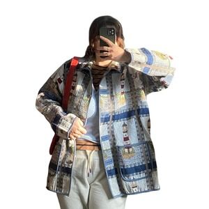 Vintage Lighthouse Textured Knit Coat 2X Heritage Woods Fisherman Whimsy Grandpa